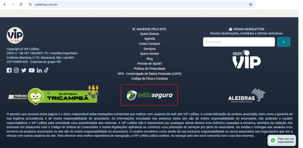 Selo leilão seguro no site vipleiloes.com.br  
